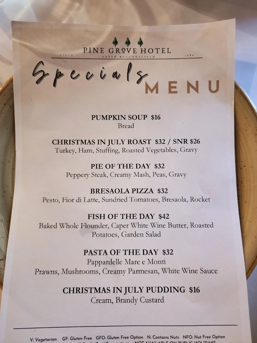 Menu, Pine Grove Hotel