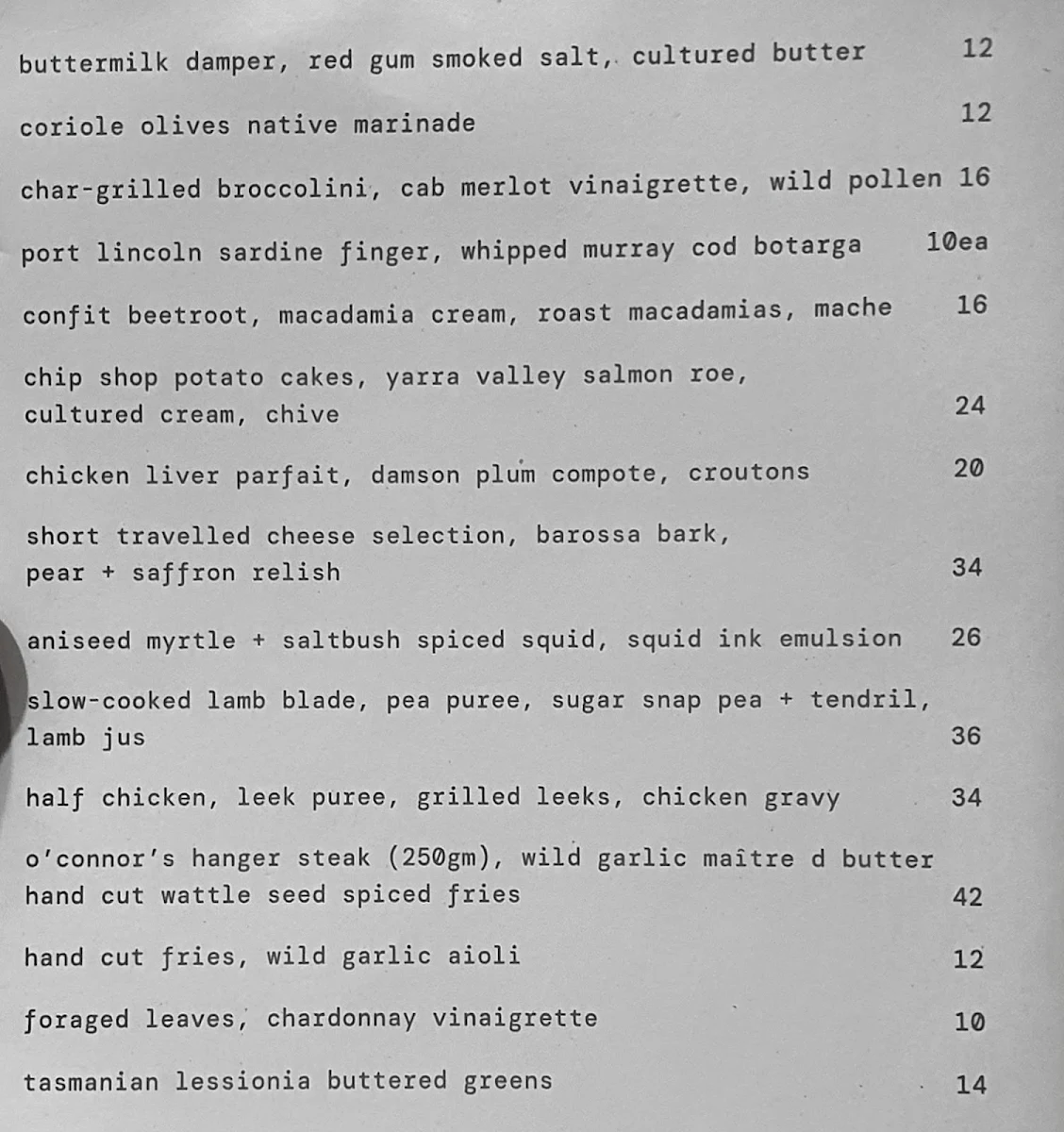 Menu, Myrtle Wine Bar