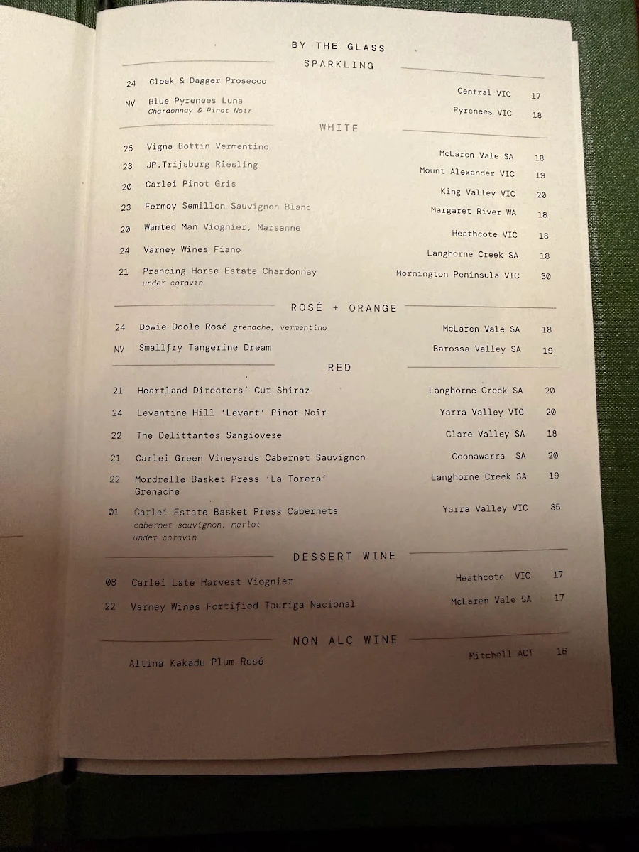 Menu, Myrtle Wine Bar