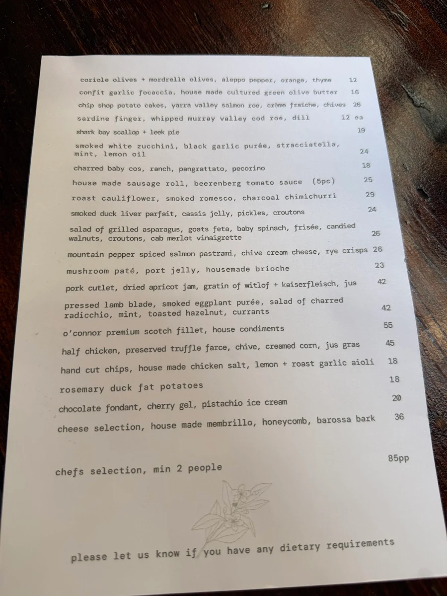 Menu, Myrtle Wine Bar