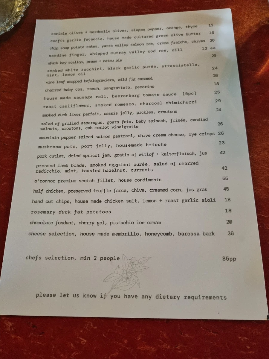 Menu, Myrtle Wine Bar