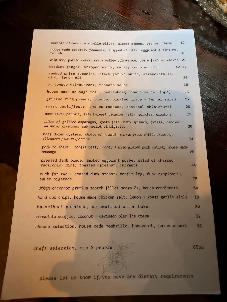 Menu, Myrtle Wine Bar