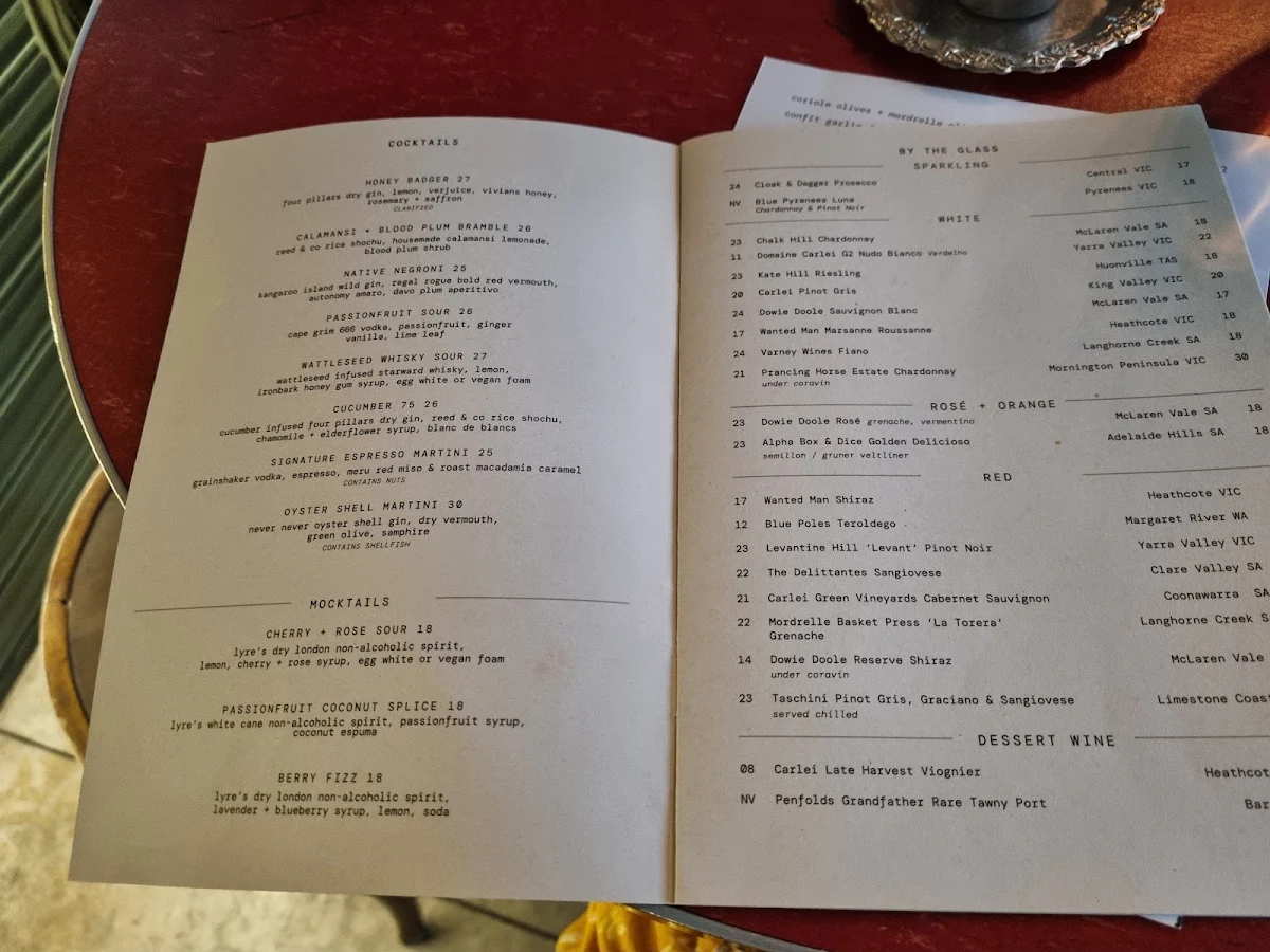 Menu, Myrtle Wine Bar