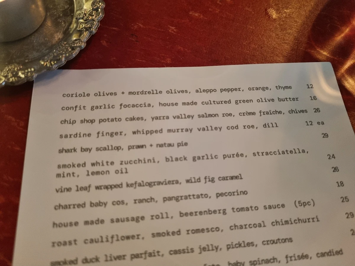 Menu, Myrtle Wine Bar