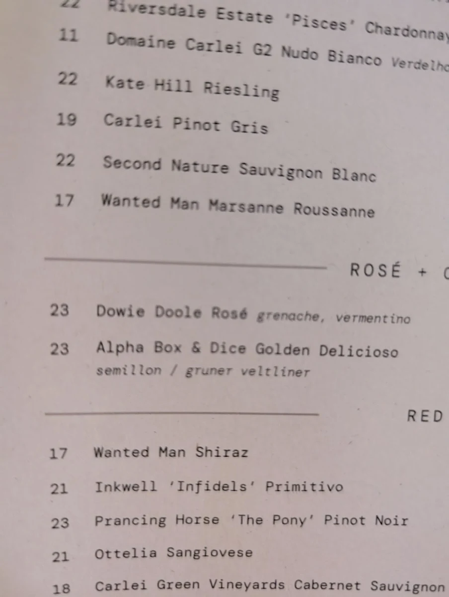 Menu, Myrtle Wine Bar