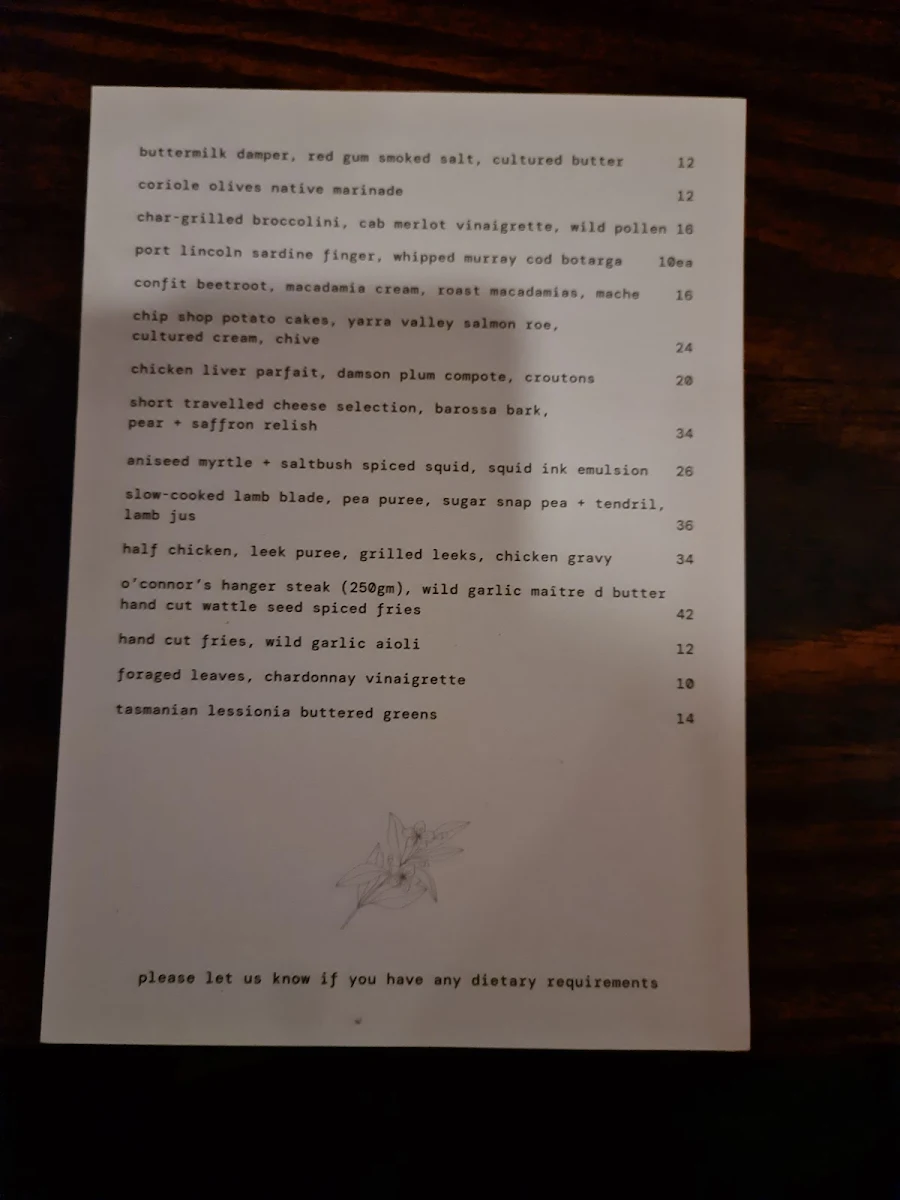 Menu, Myrtle Wine Bar