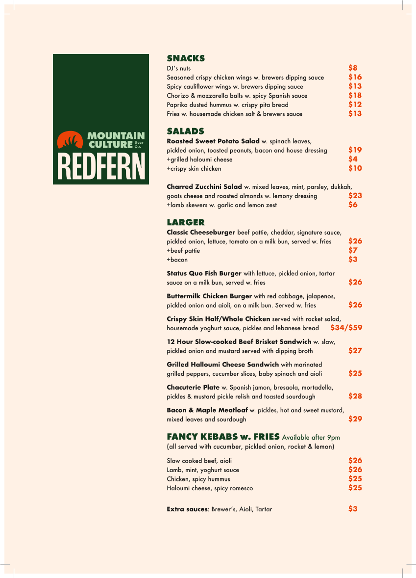 Menu, Mountain Culture Brewery - Redfern