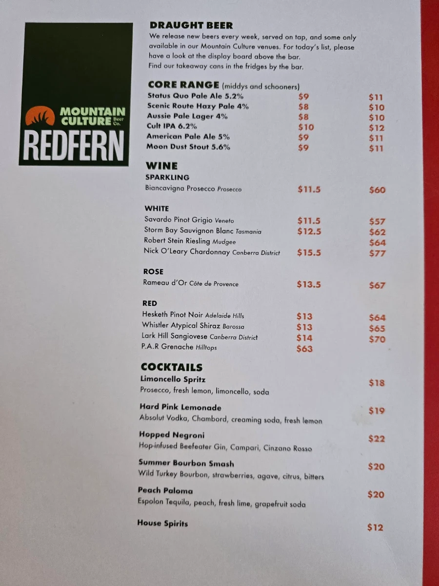 Menu, Mountain Culture Brewery - Redfern