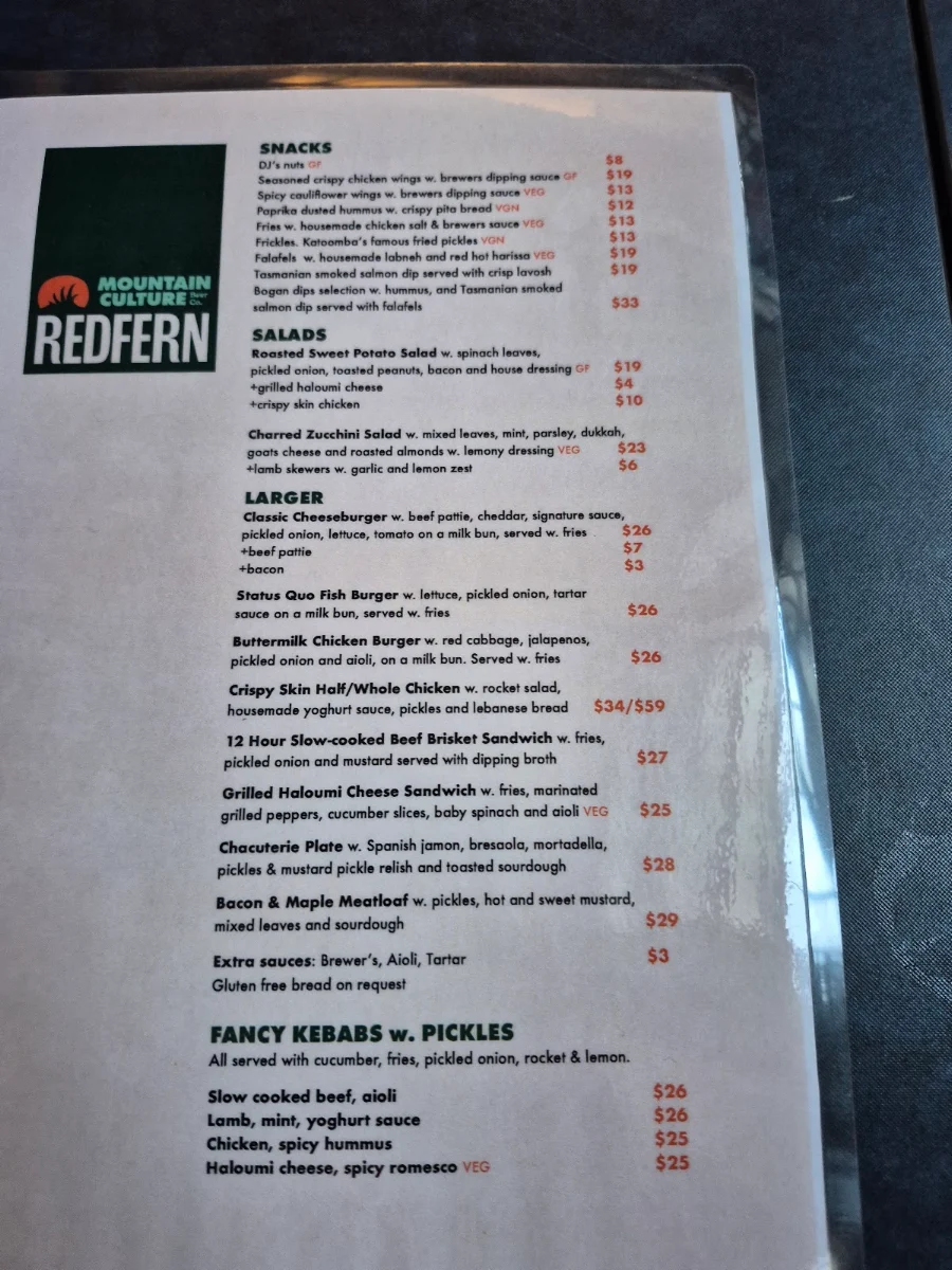 Menu, Mountain Culture Brewery - Redfern