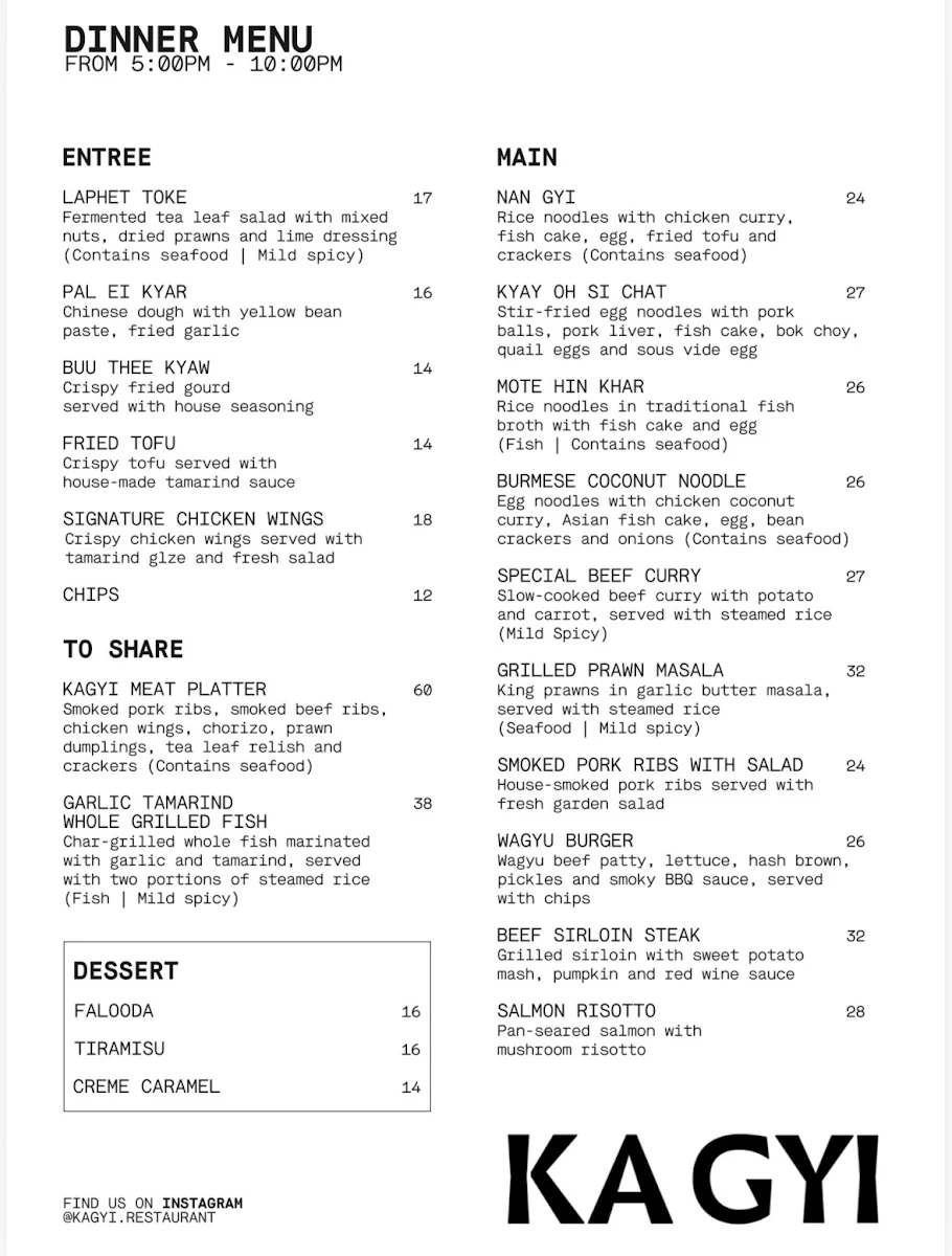Menu, Ka Gyi Restaurant and Bar