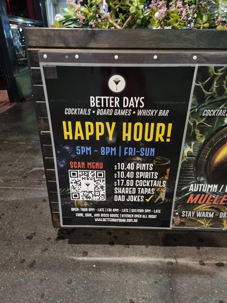 Menu, Better Days Cocktail Bar