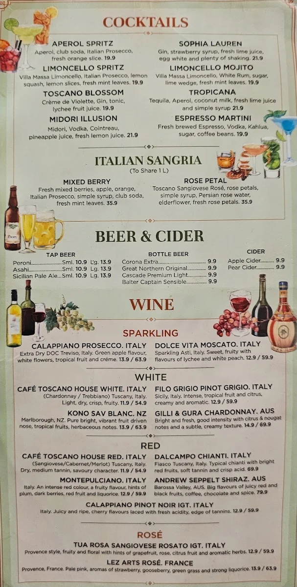 Menu, Cafe Toscano