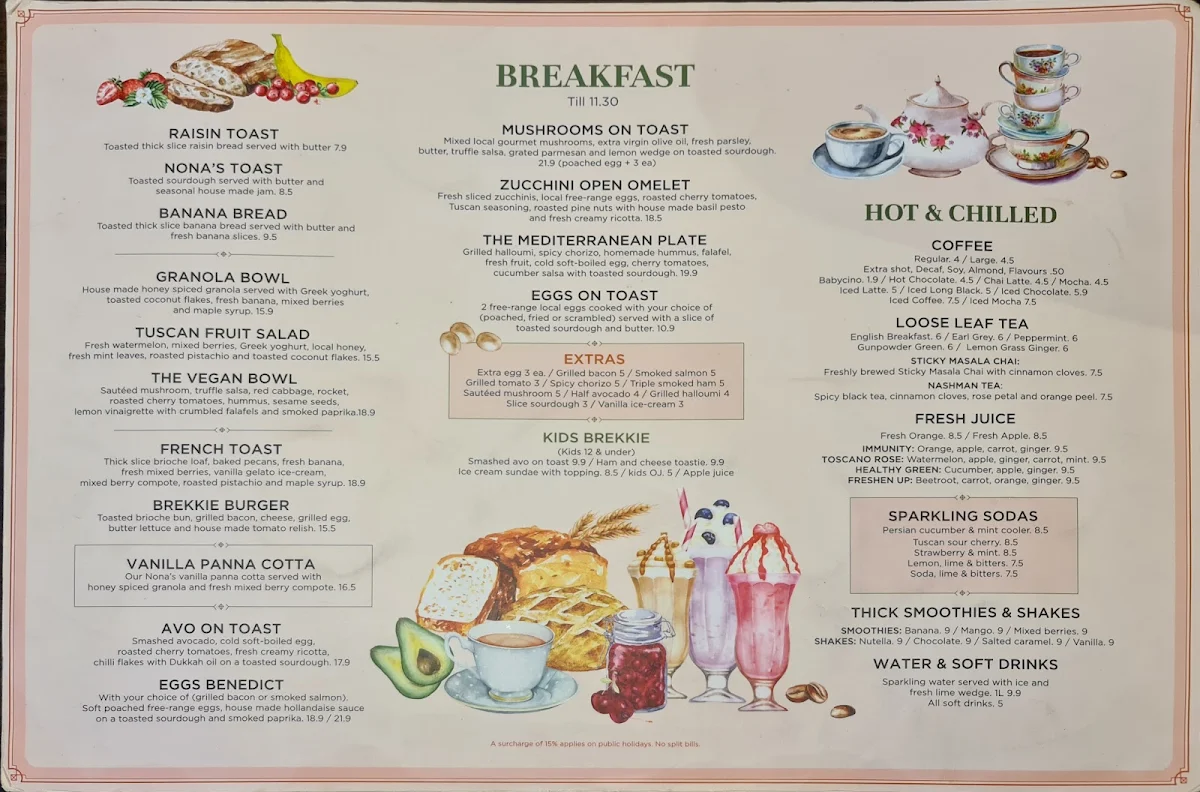 Menu, Cafe Toscano