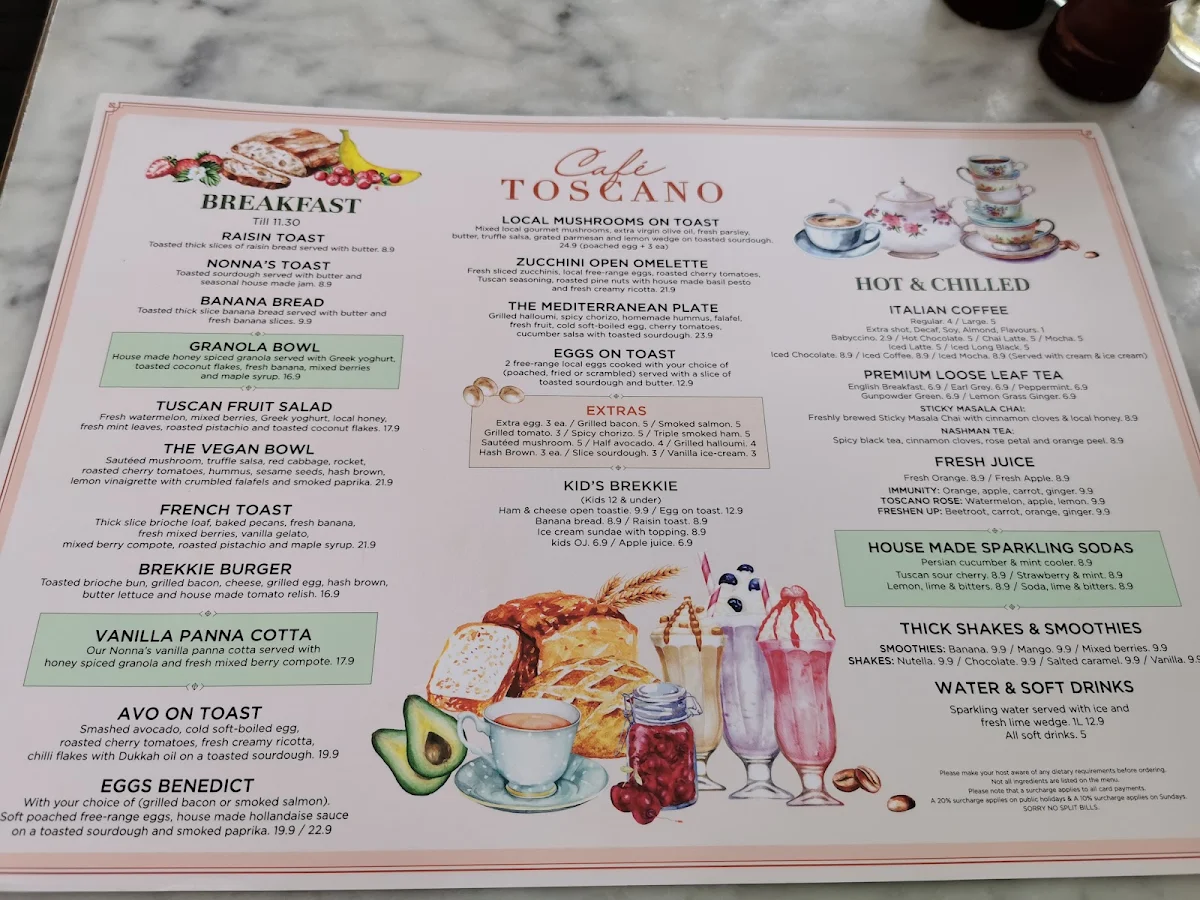 Menu, Cafe Toscano