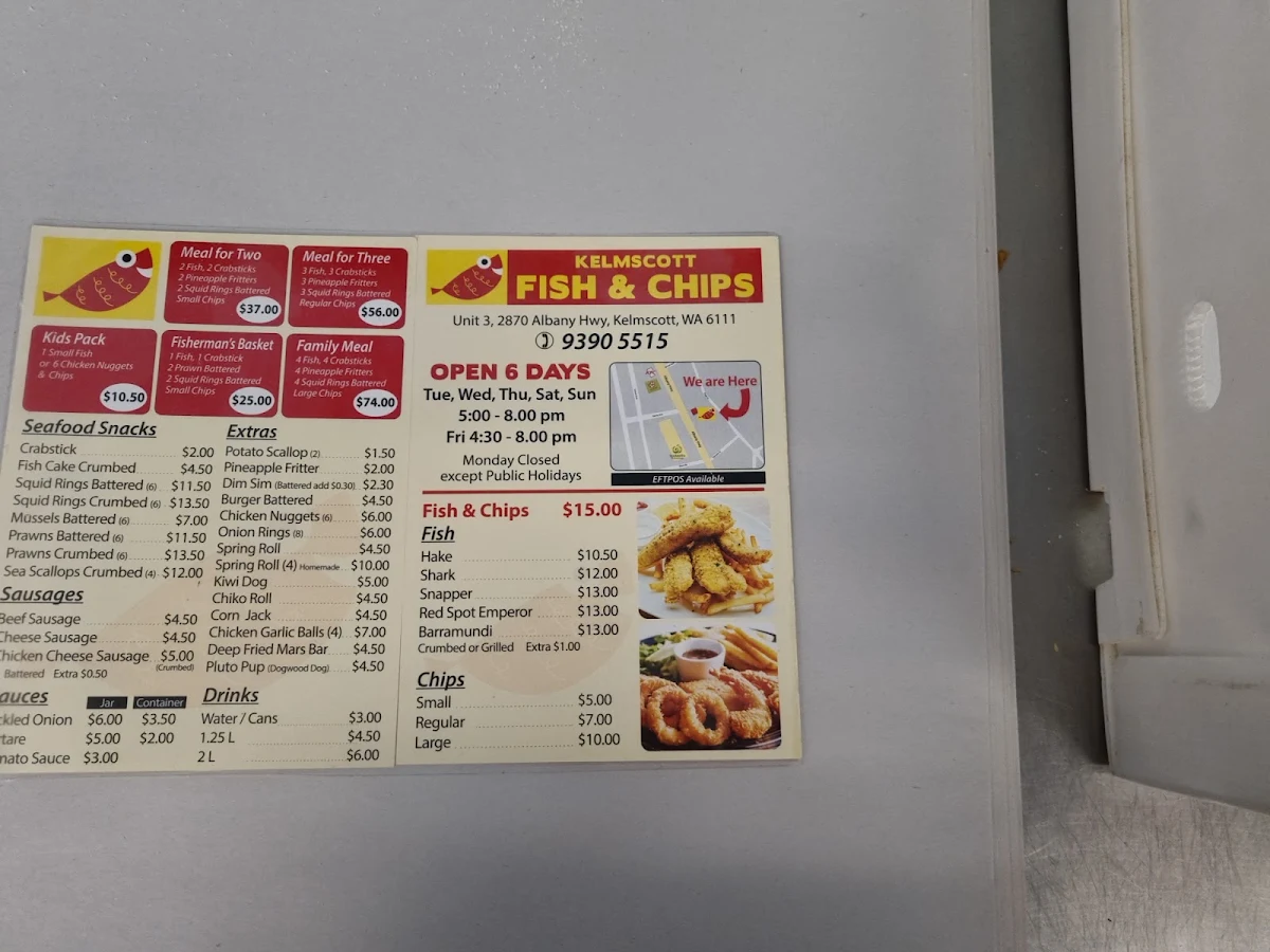 Menu, Kelmscott Fish and Chips