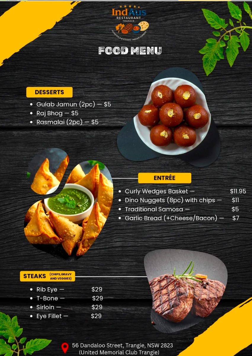 Menu, IndAus Restaurant Trangie