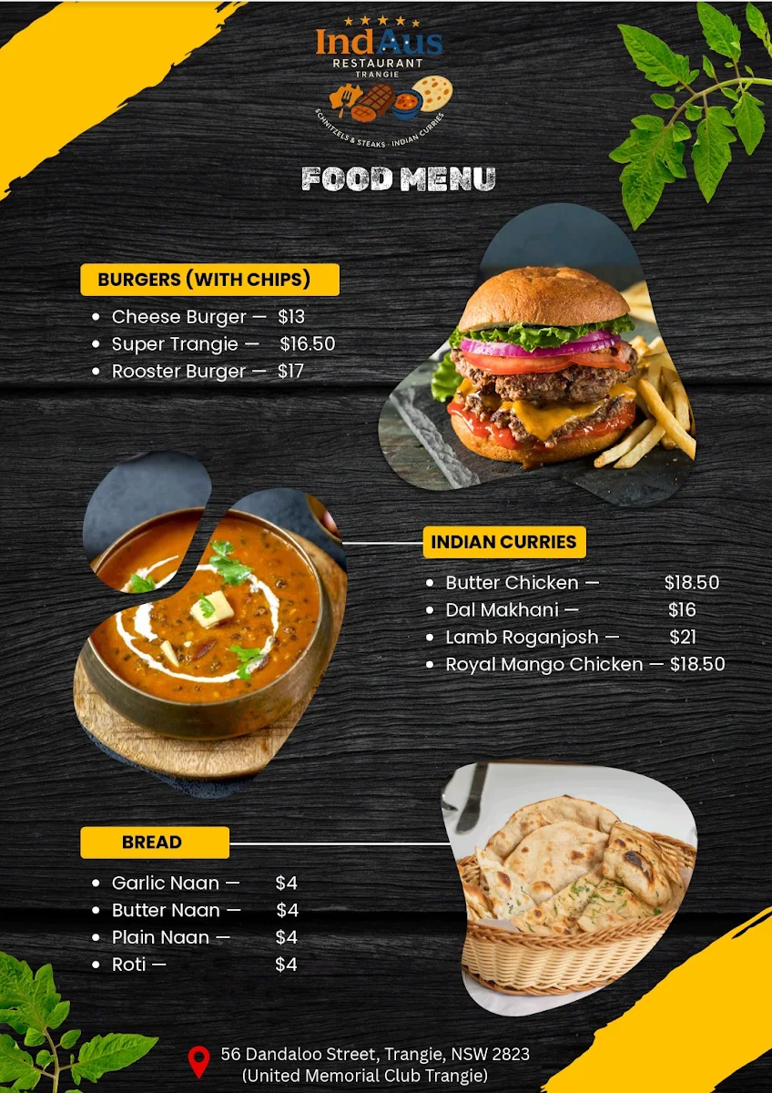 Menu, IndAus Restaurant Trangie