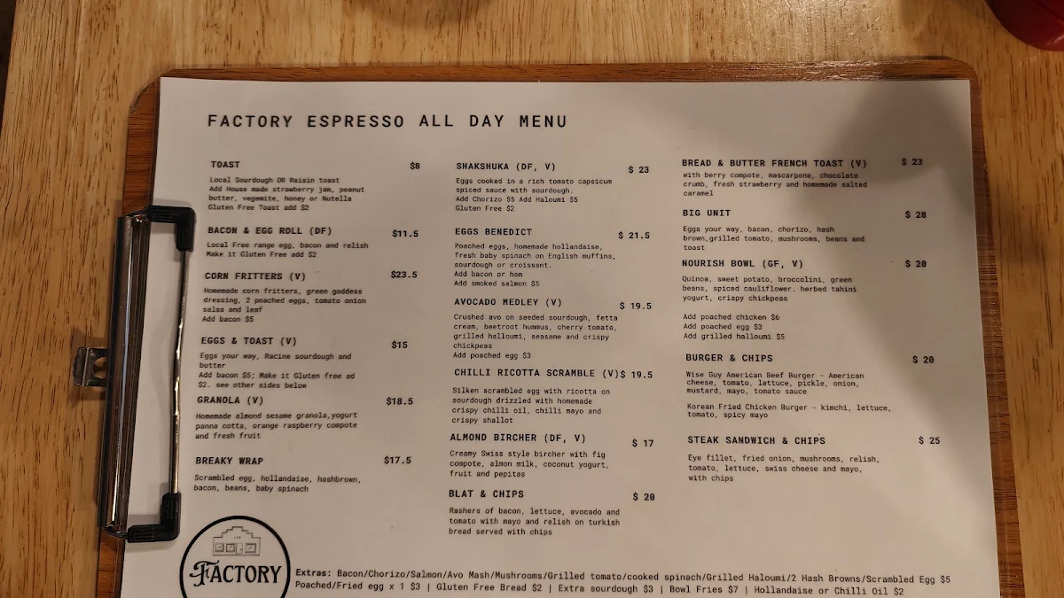 Menu, Factory Espresso