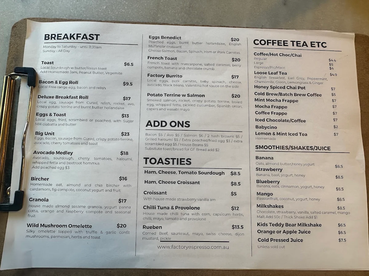 Menu, Factory Espresso