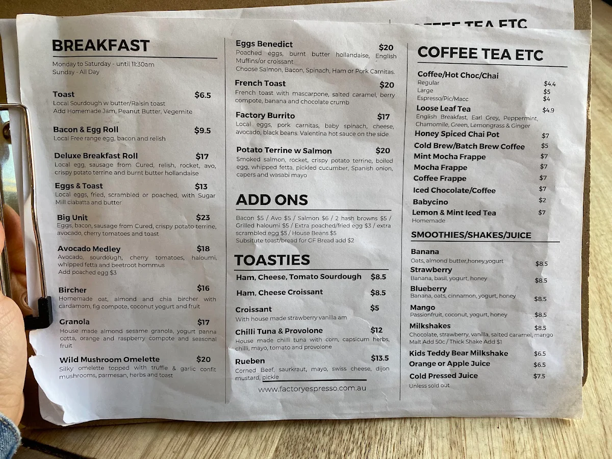 Menu, Factory Espresso
