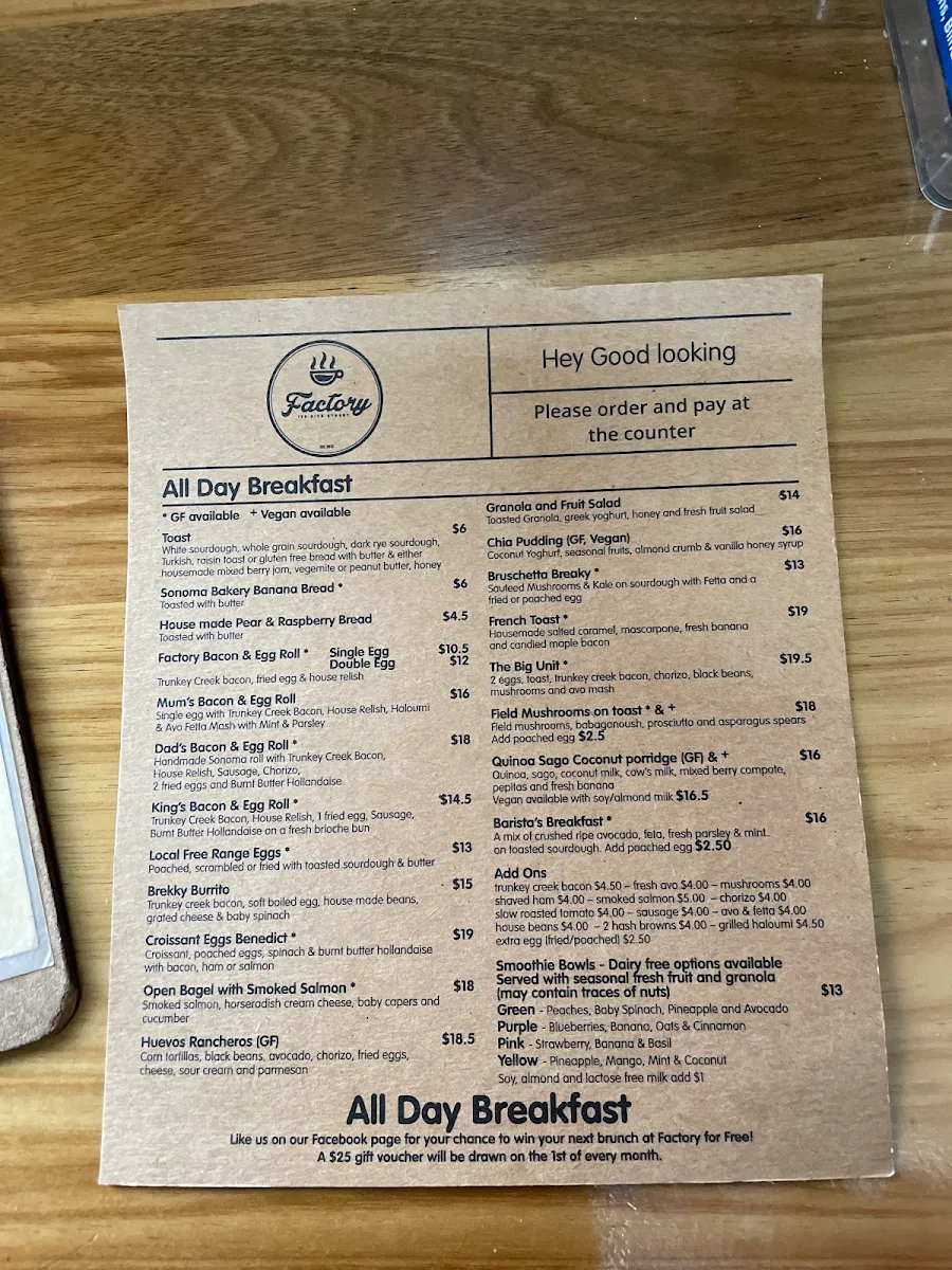 Menu, Factory Espresso
