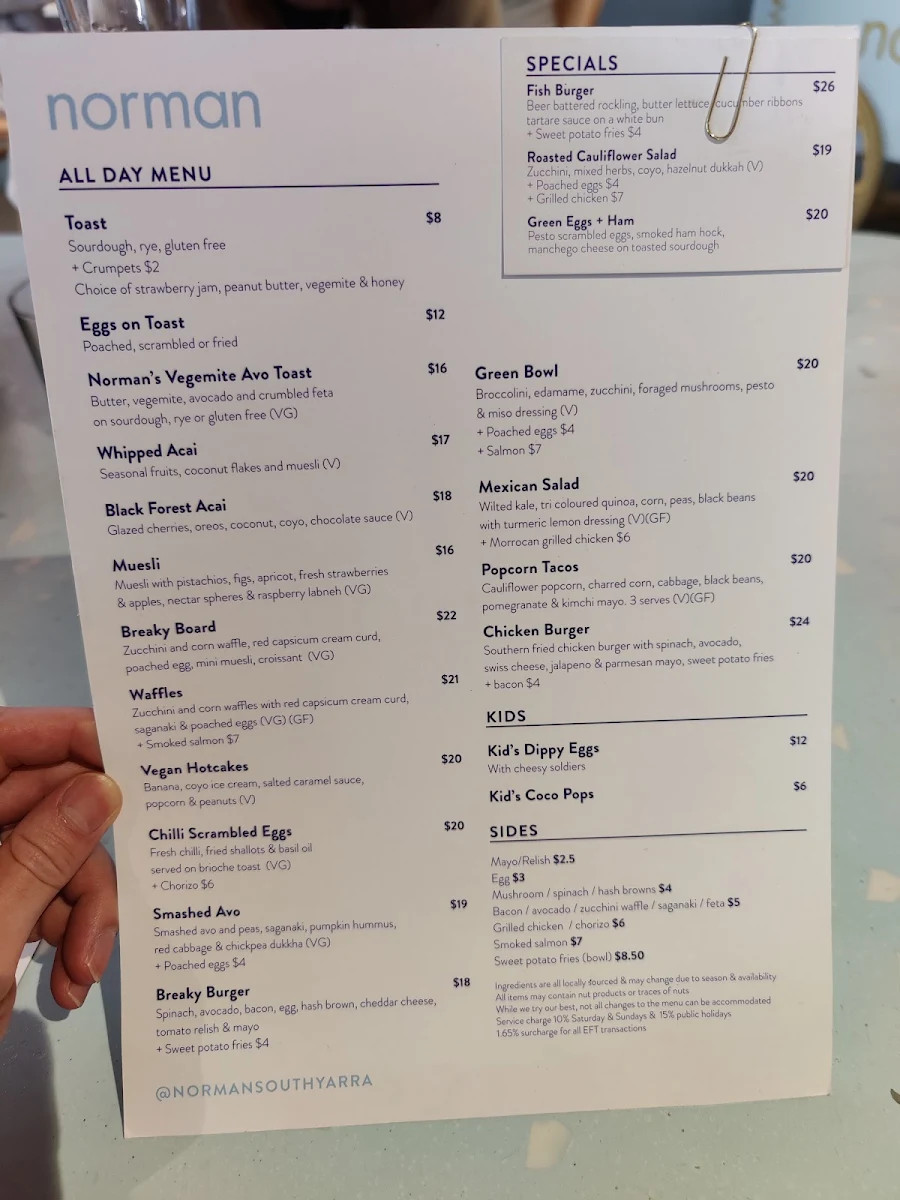 Menu, Norman South Yarra