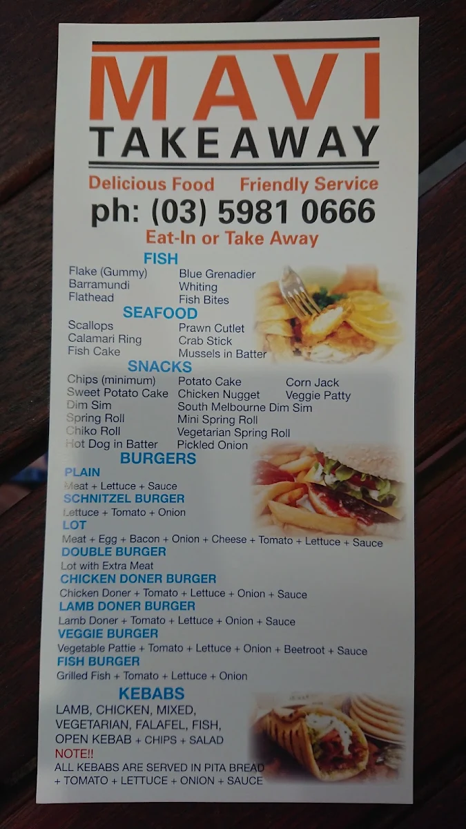 Menu, Mavi Fish & Chips