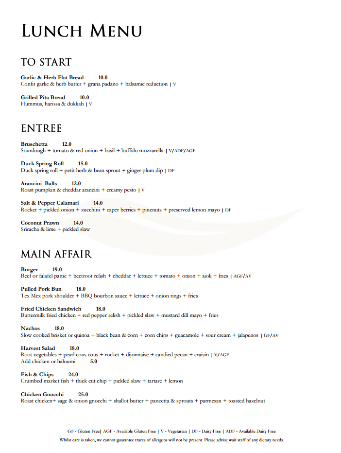 Menu, Brookwater Restaurant and Event Centre