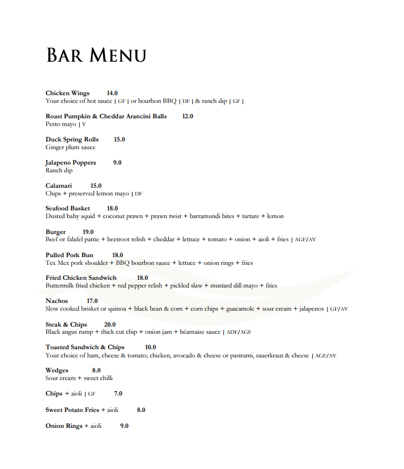 Menu, Brookwater Restaurant and Event Centre