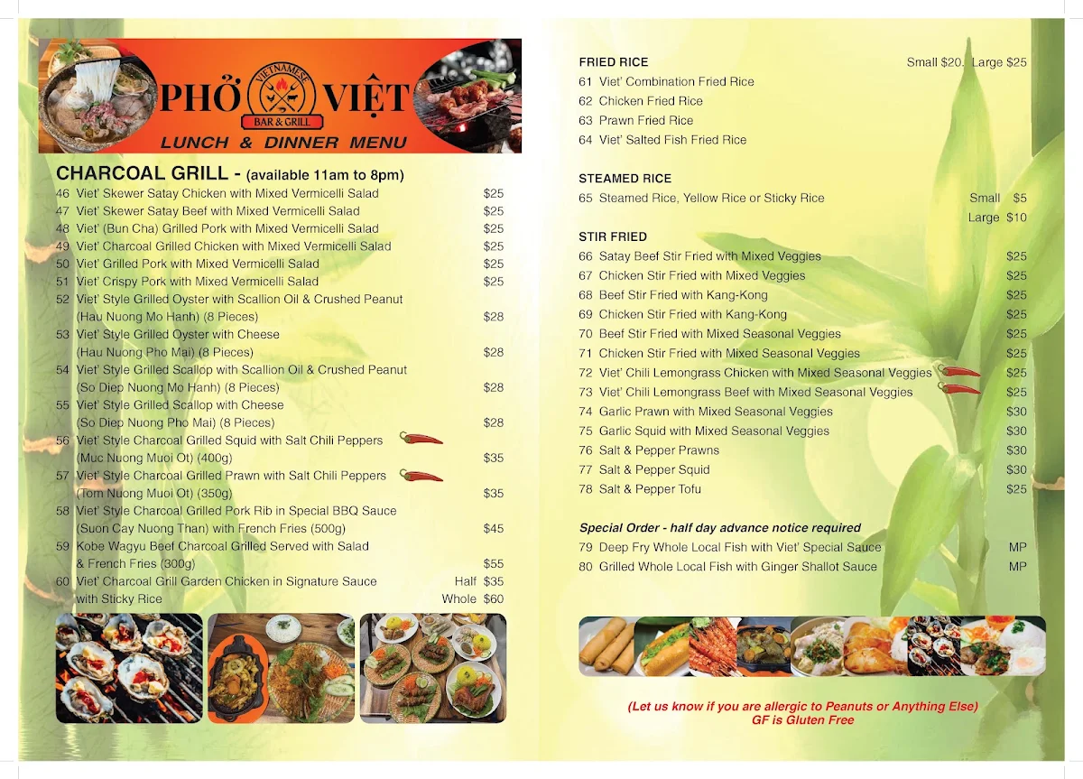 Menu, Pho Viet Vietnamese Bar & Grill