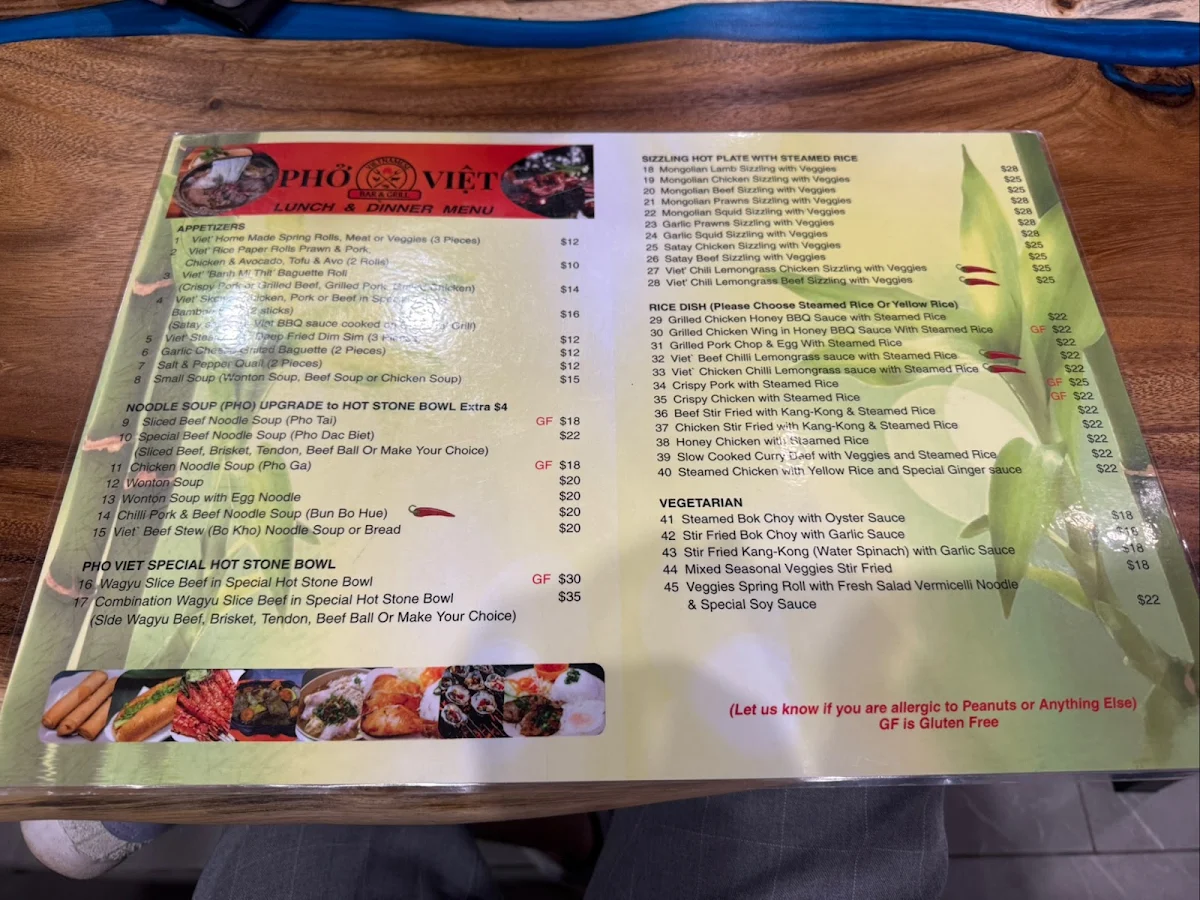 Menu, Pho Viet Vietnamese Bar & Grill