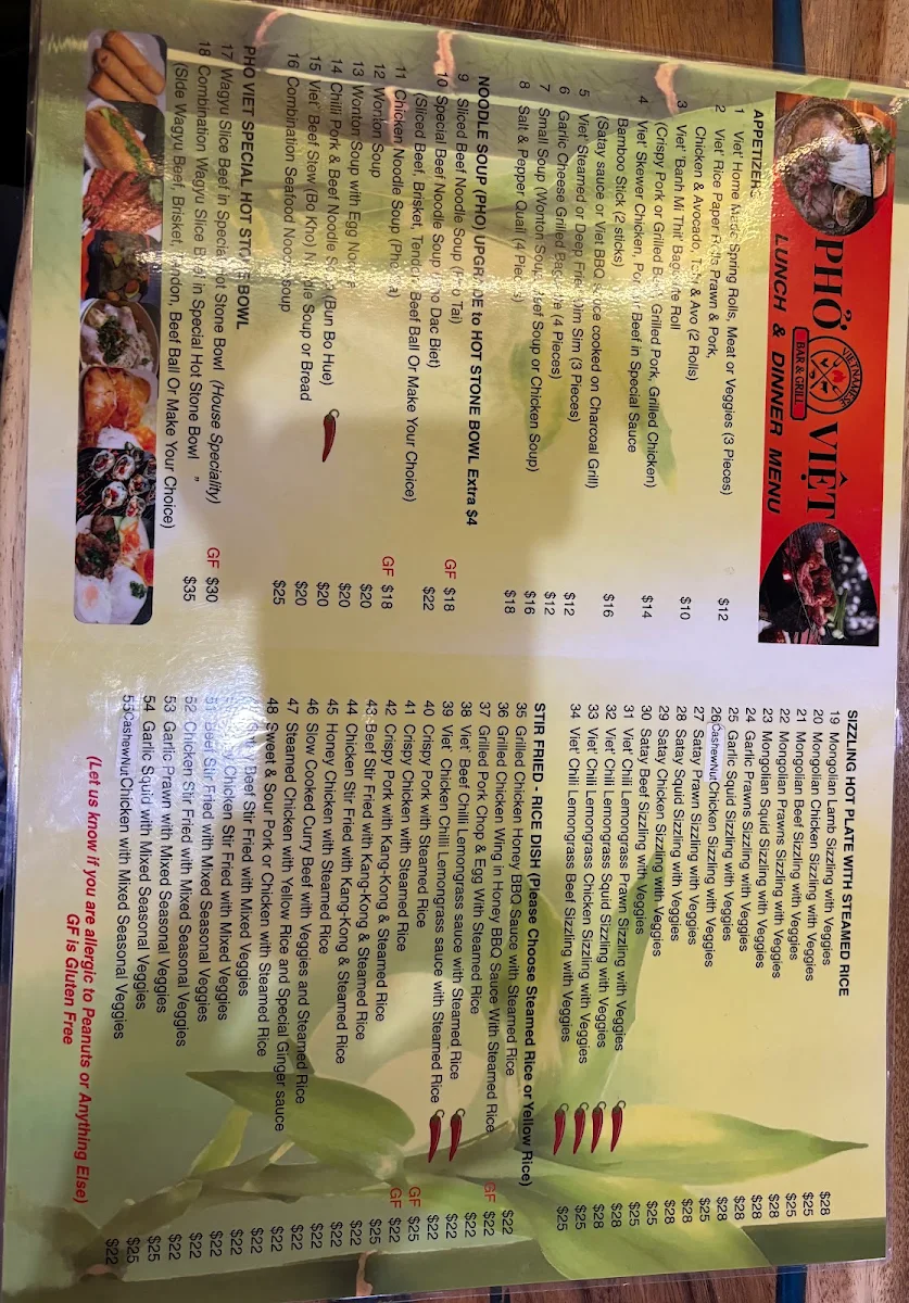 Menu, Pho Viet Vietnamese Bar & Grill
