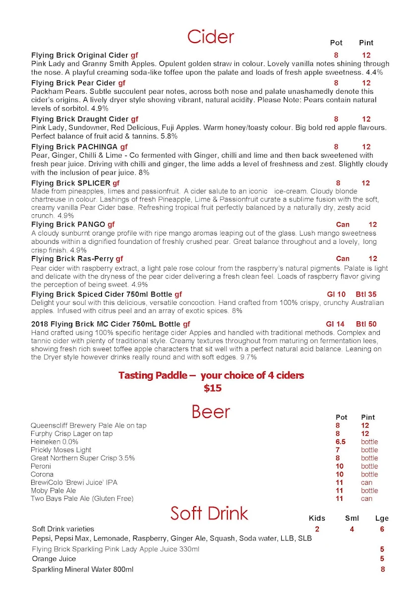Menu, Flying Brick Cider Co