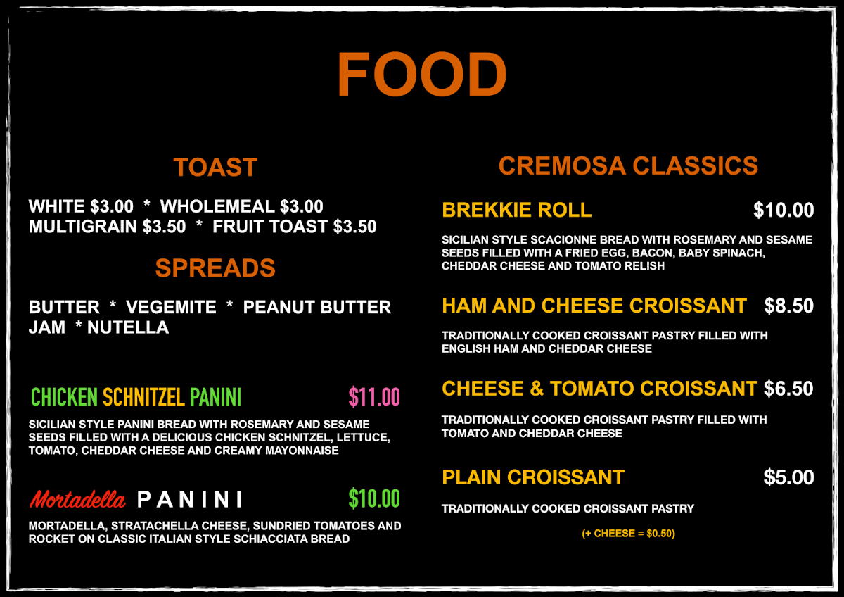 Menu, Cremosa Espresso Bars
