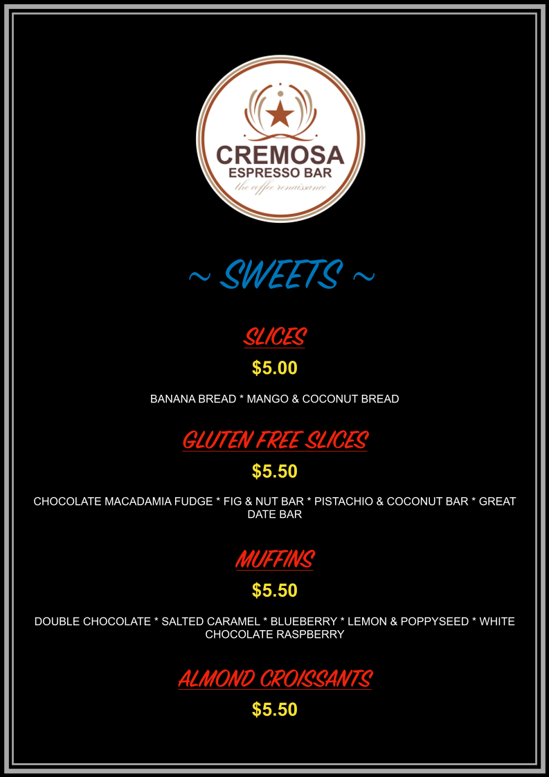 Menu, Cremosa Espresso Bars