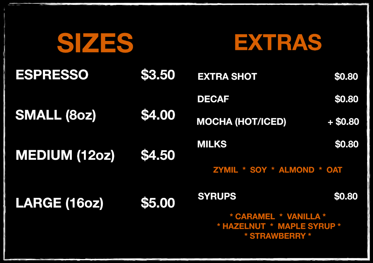 Menu, Cremosa Espresso Bars