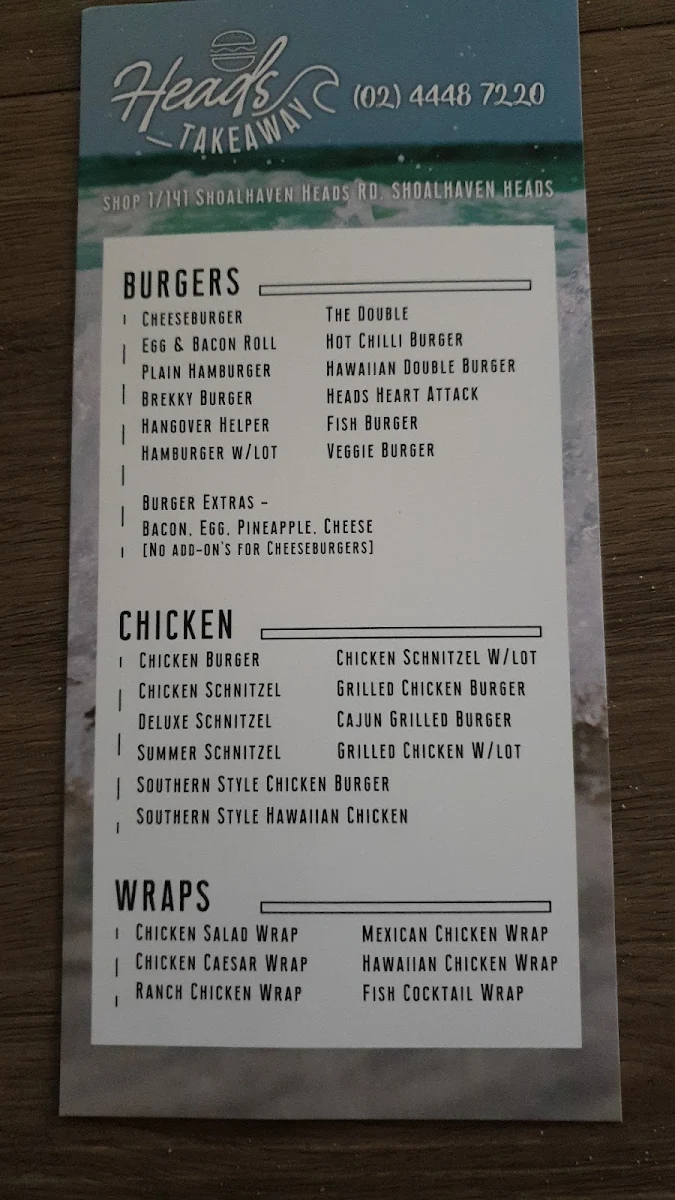 Menu, Heads Takeaway
