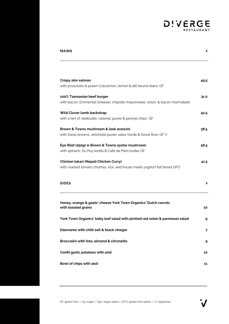 Menu, Diverge Restaurant Launceston