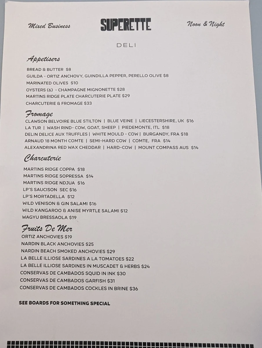 Menu, Bar Superette