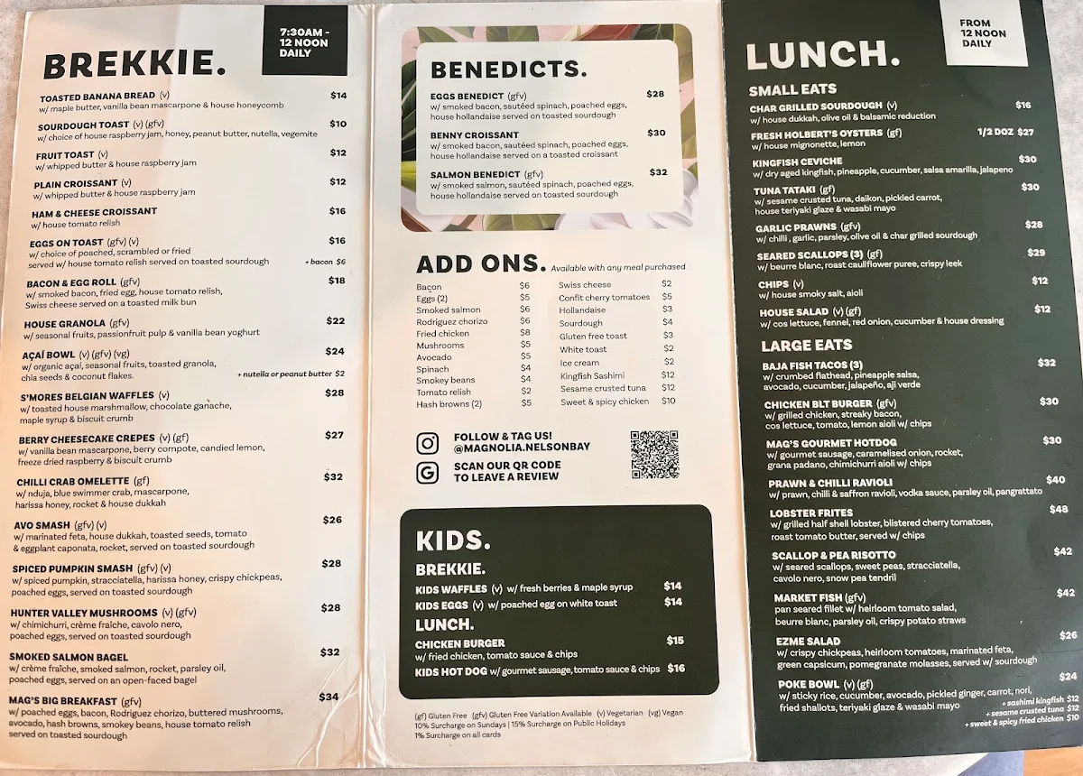Menu, Magnolia. Nelson Bay
