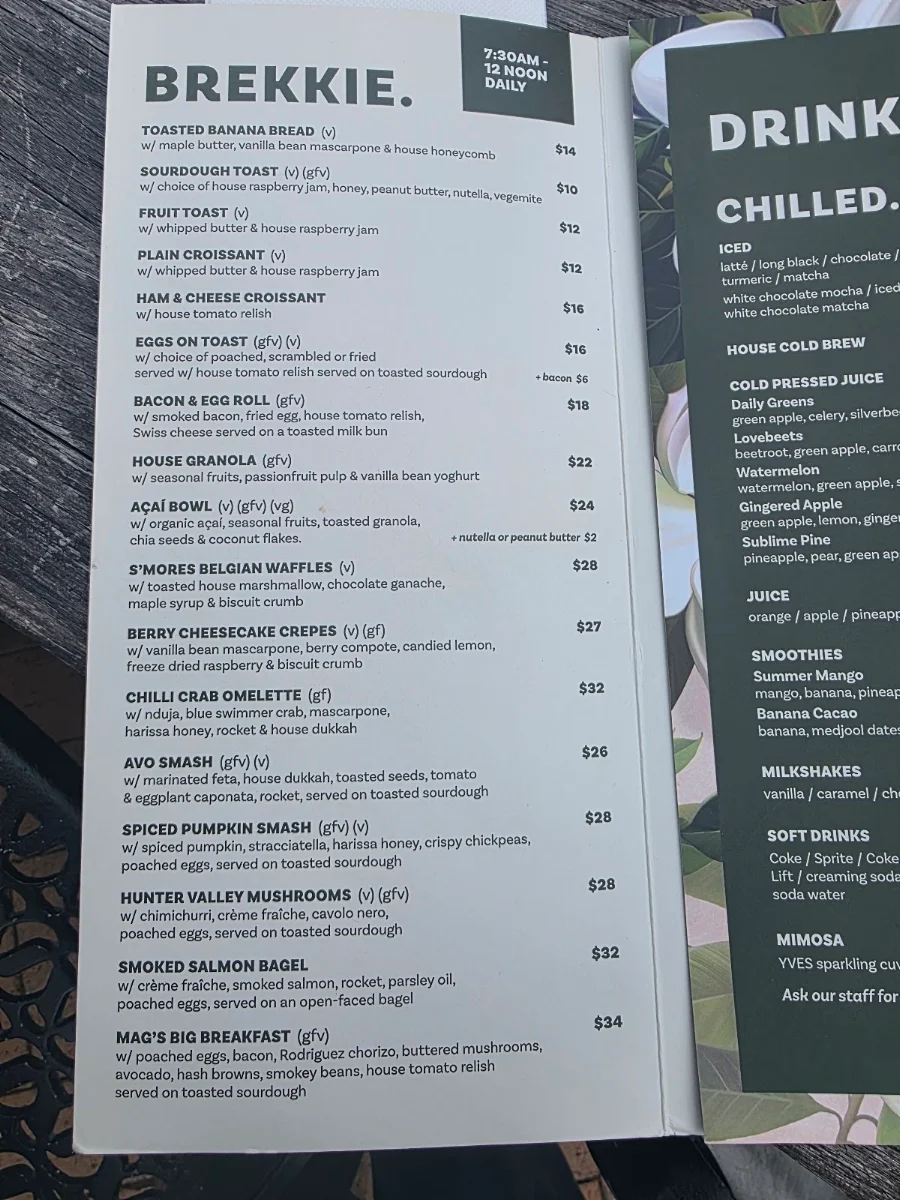 Menu, Magnolia. Nelson Bay