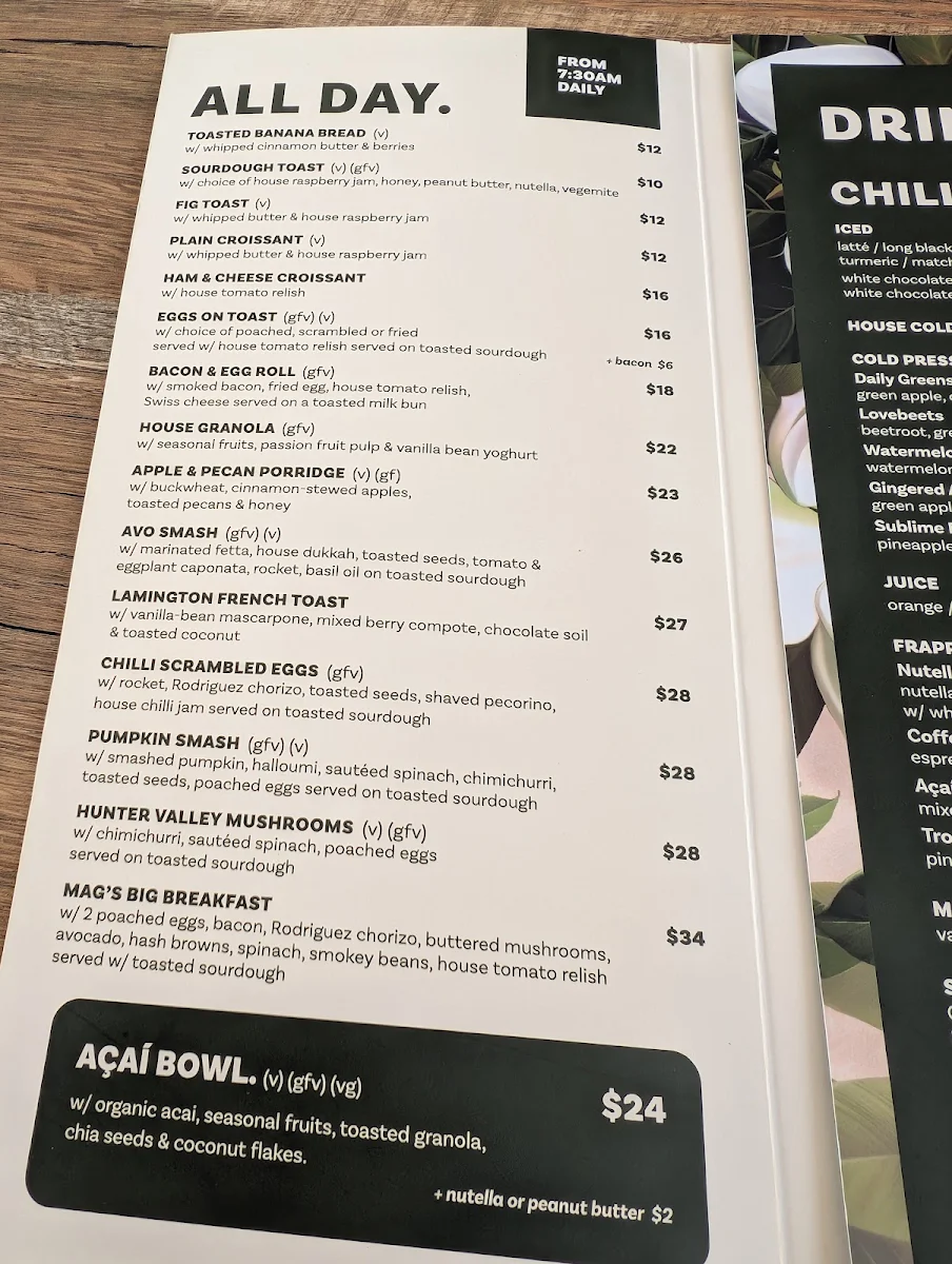 Menu, Magnolia. Nelson Bay
