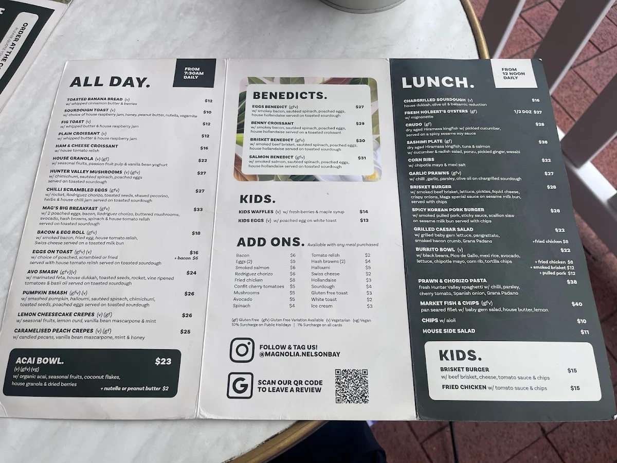 Menu, Magnolia. Nelson Bay