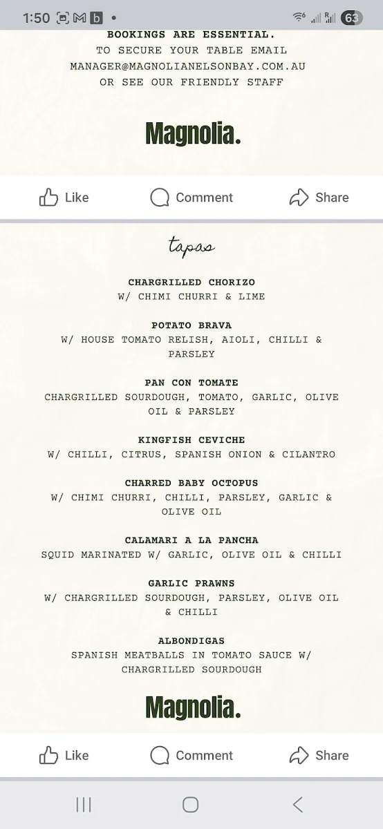 Menu, Magnolia. Nelson Bay