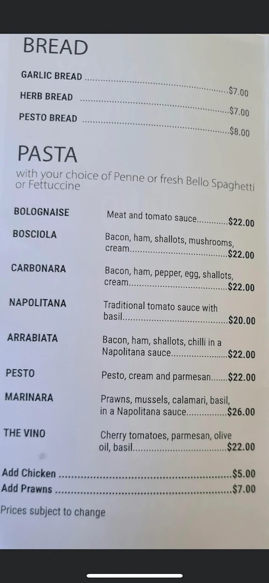 Menu, Pizza Vino