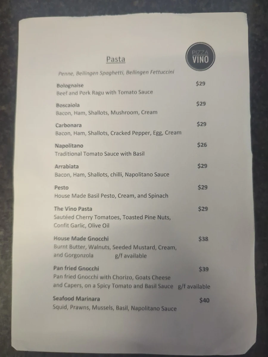 Menu, Pizza Vino
