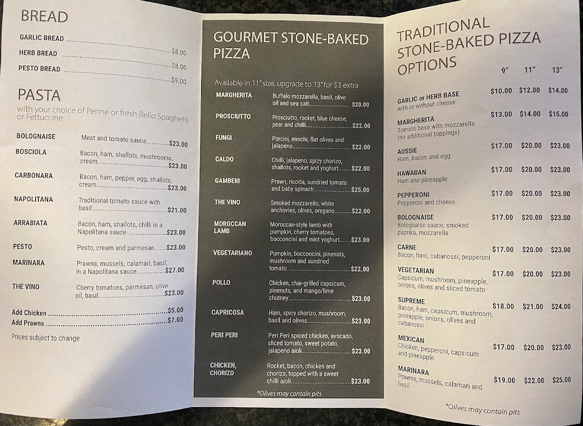 Menu, Pizza Vino