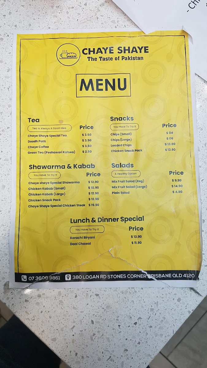 Menu, Chaye Shaye (Kebab Shop)