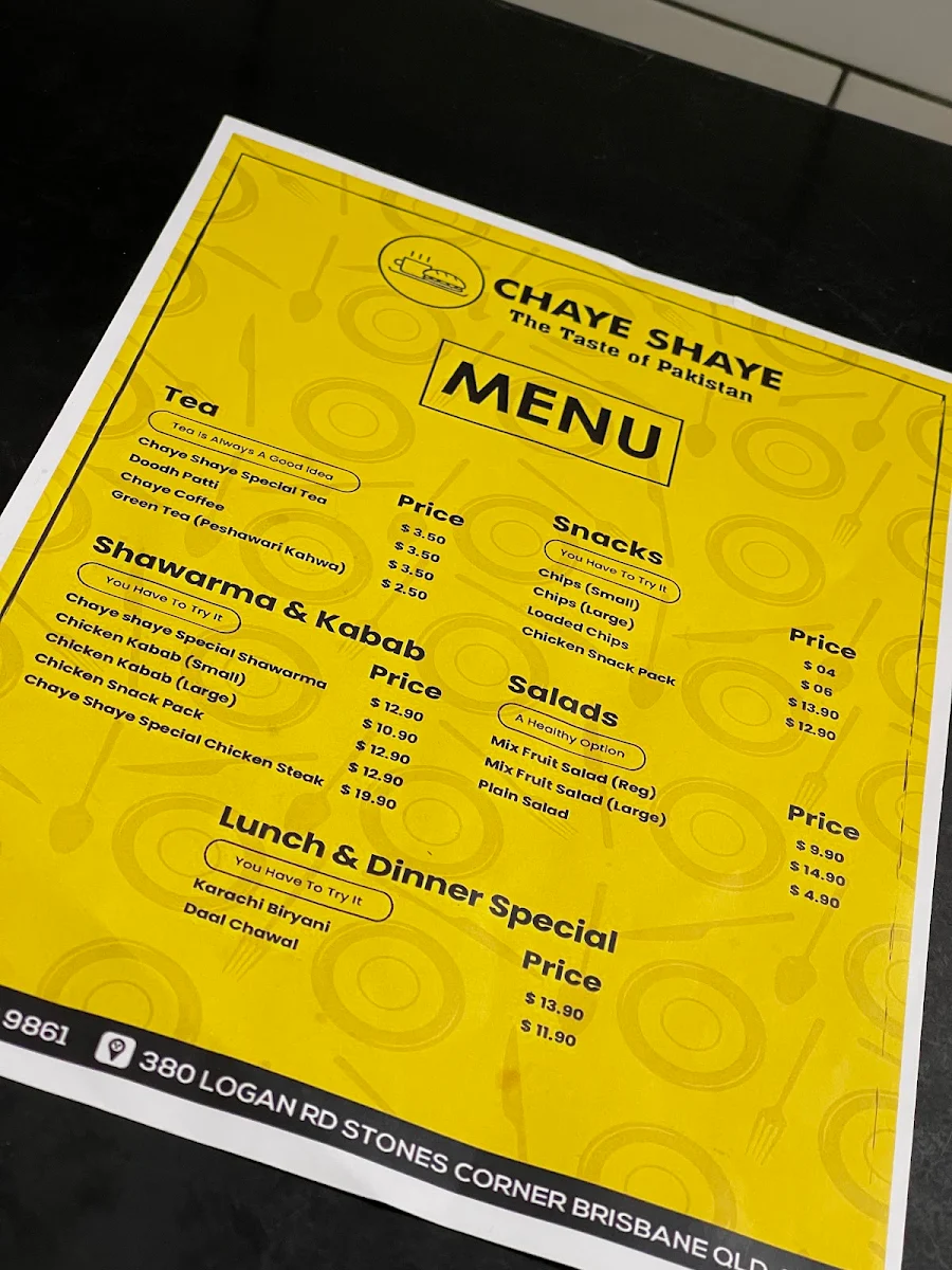 Menu, Chaye Shaye (Kebab Shop)
