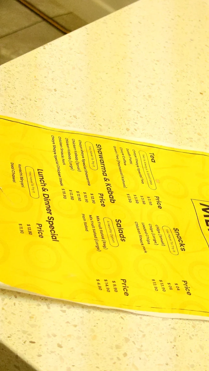 Menu, Chaye Shaye (Kebab Shop)